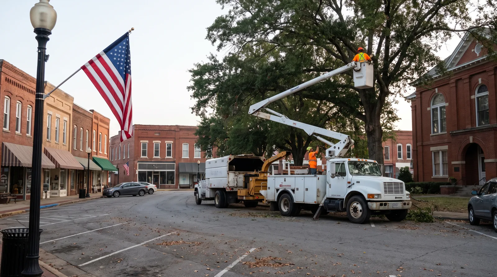 Bucket truck and chip truck on a small-town Tennessee courthouse square, crew trimming a street tree from the bucket