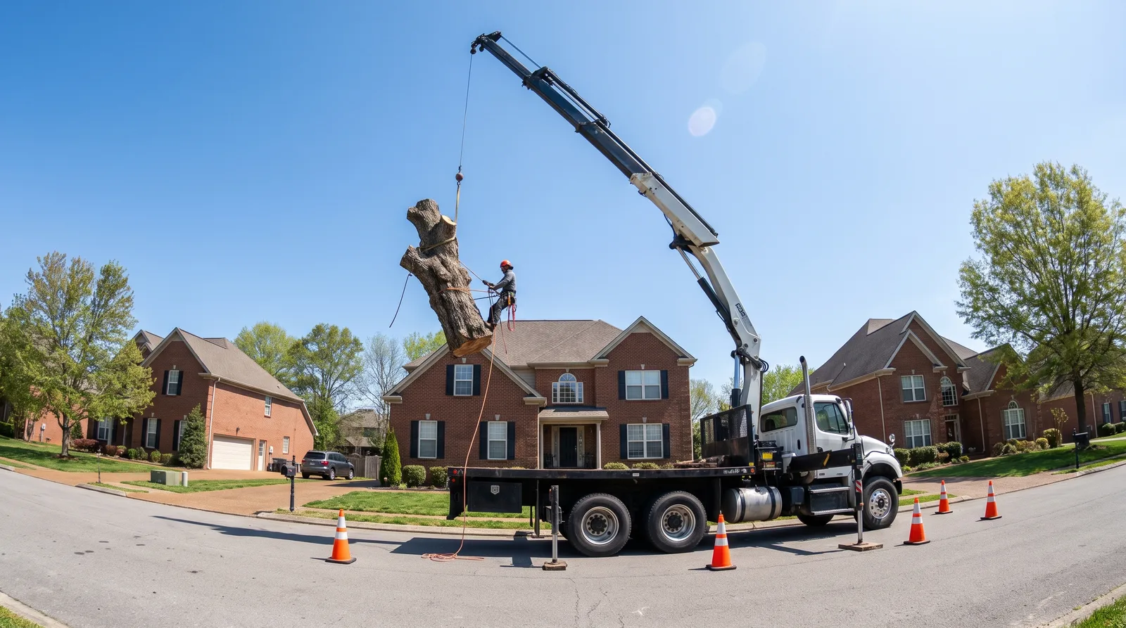 Knuckle-boom crane lifting an oak trunk over a two-story house in a Murfreesboro subdivision