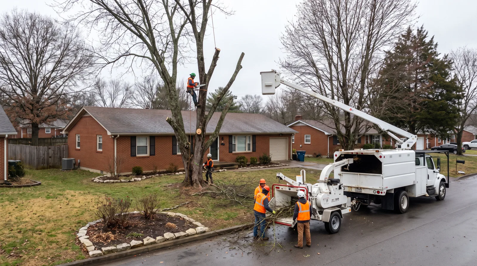 Tree crew dismantling a large hackberry beside a red-brick ranch home in Murfreesboro, TN, with a bucket truck and chipper at the curb