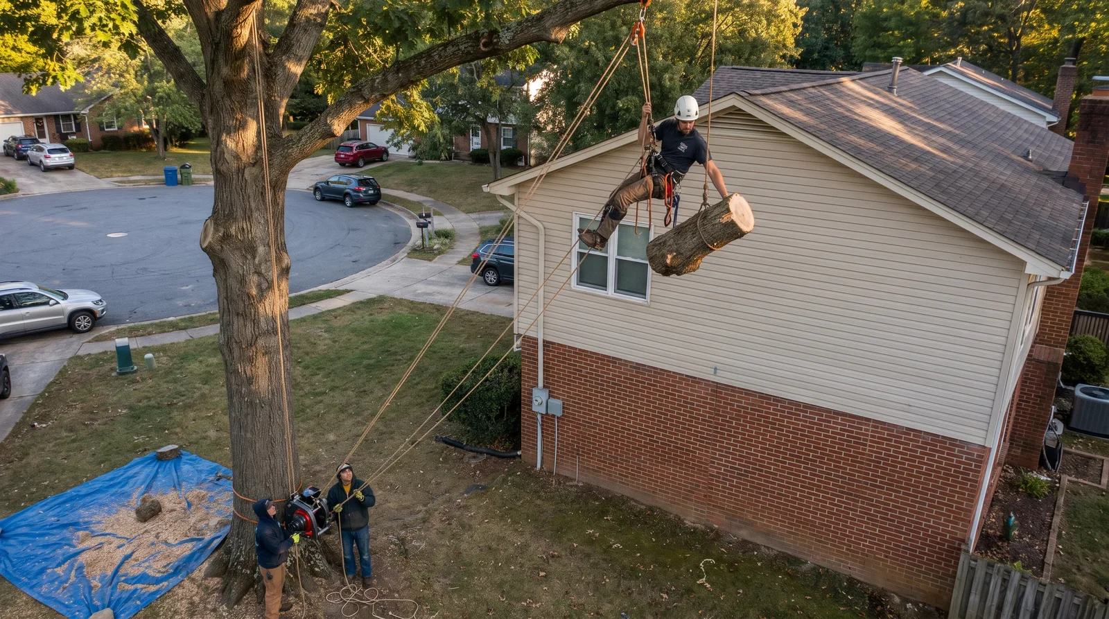 Arborist rigging a heavy oak trunk section down on ropes over the roof of a two-story home in a Rutherford County cul-de-sac