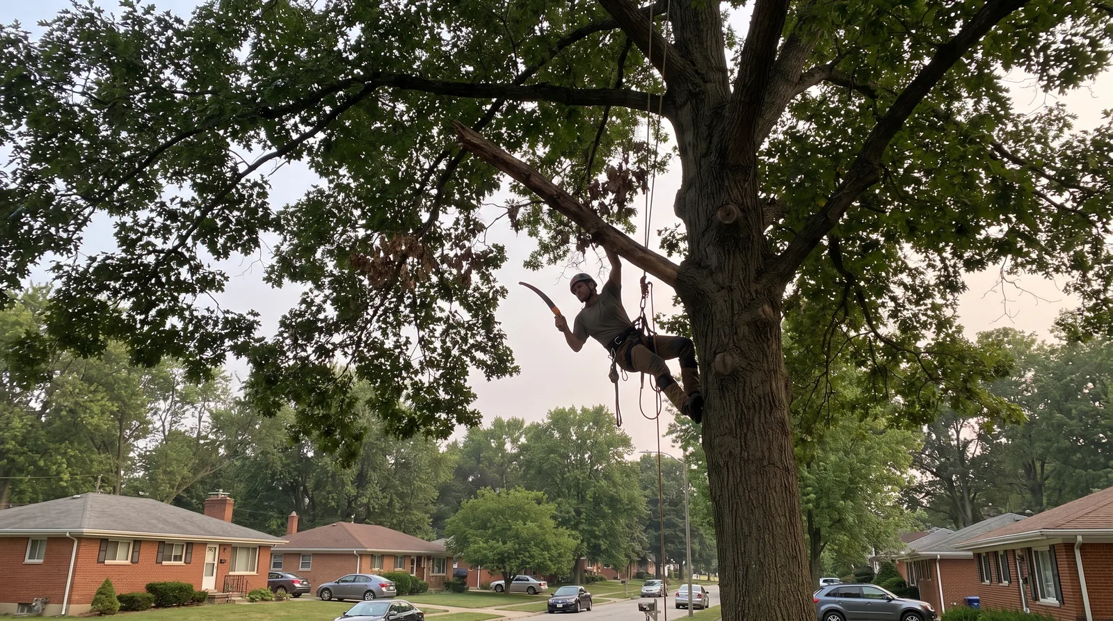 Arborist on a rope making a clean pruning cut high in a mature white oak over a street of 1960s brick homes